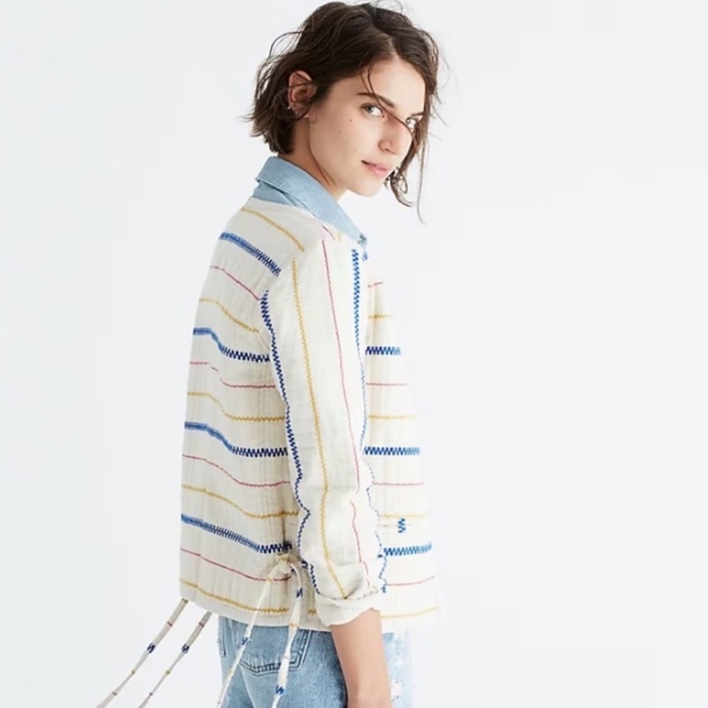 Madewell Quilted Side Tie Jacket XS Stripe Embroidered Cotton Coastal Boho - Picture 2 of 16